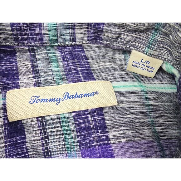 Tommy Bahama Lightweight Size Large Mens Plum Aqua White Check Logo S/S Shirt - Picture 5 of 11